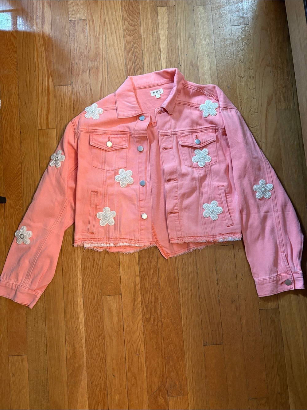 POL Pink Cropped Denim Jacket with White Daisy Appliqués